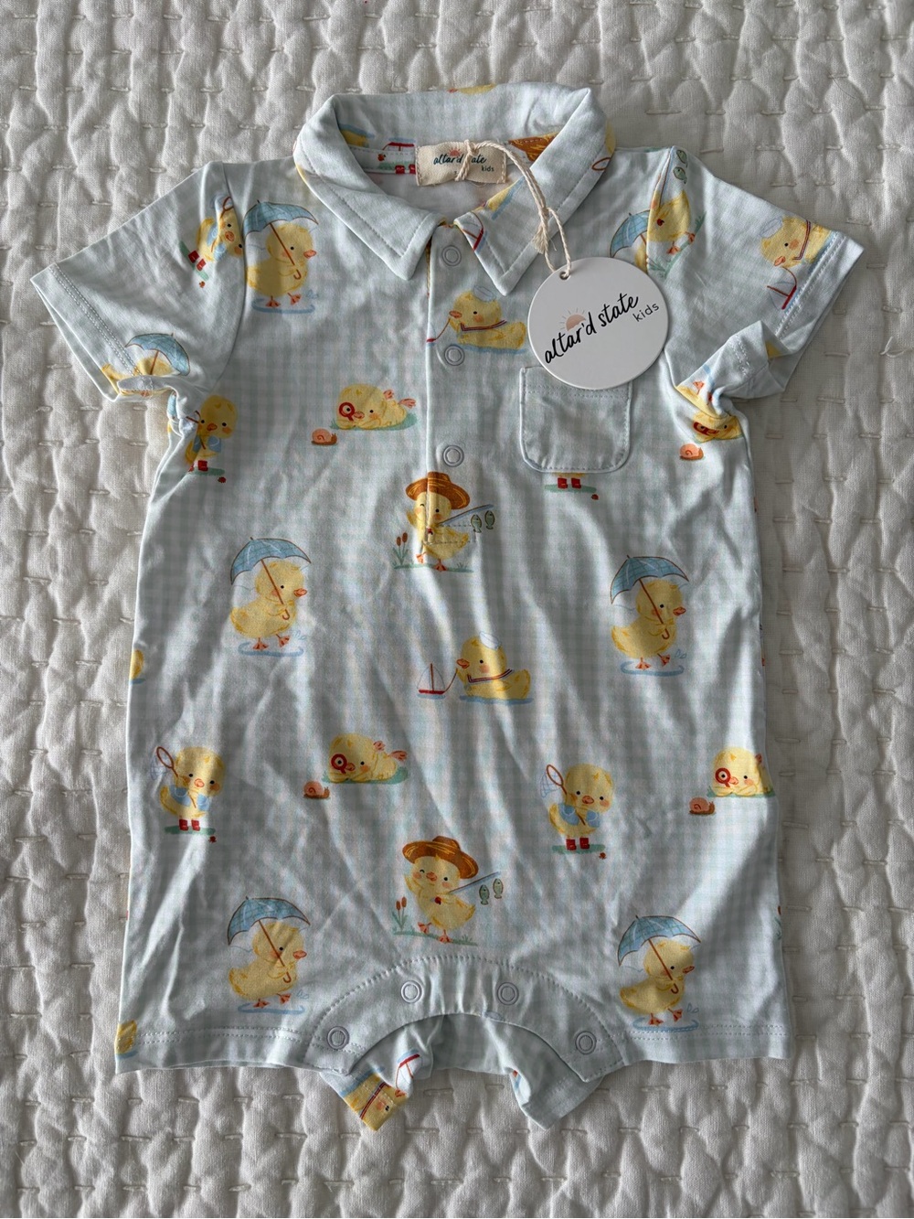 NWT Angel Dear/Altar’d State Kids Bamboo Polo Romper in Gingham Chick 3-6M